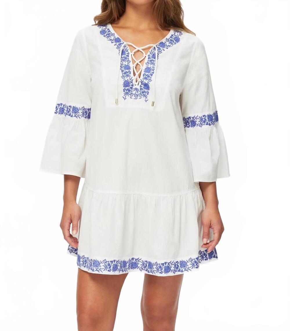 NEW HEIDI KLEIN women's cannes lace front kaftan cover-up in white/blue